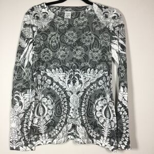 Laura Ashley Active Baroque pattern semi sheer long sleeve top Fleur de Lis Sz M